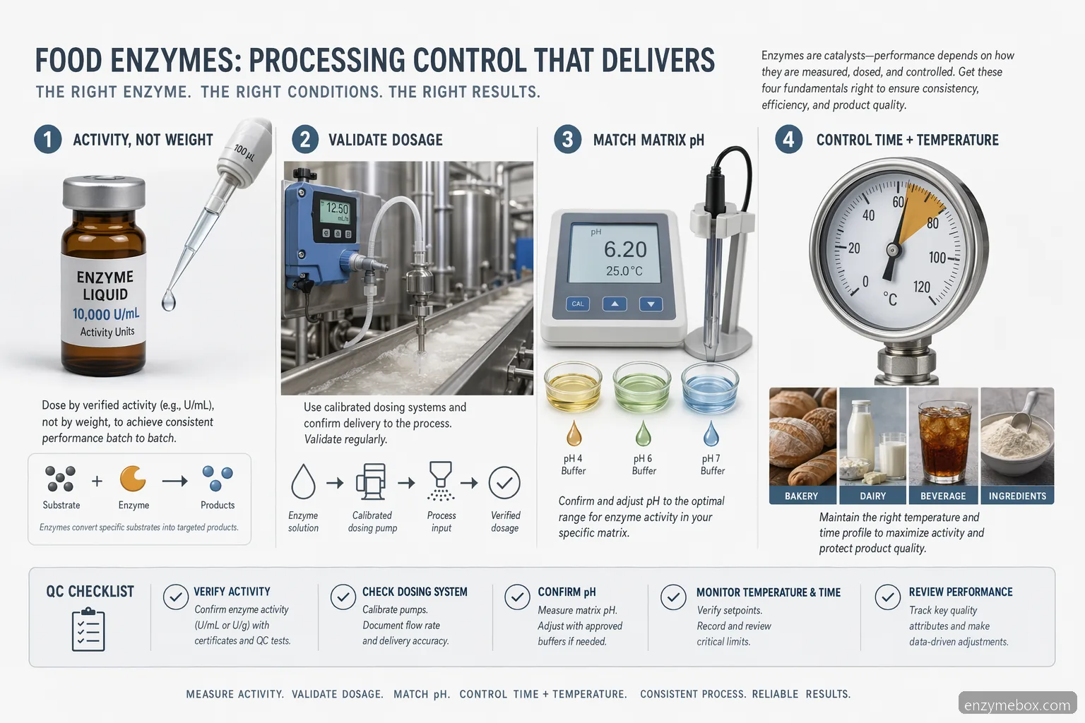 food enzymes procesguide med dosering, aktivitet, pH-kontrol, temperaturvindue og QC-kontrolpunkter
